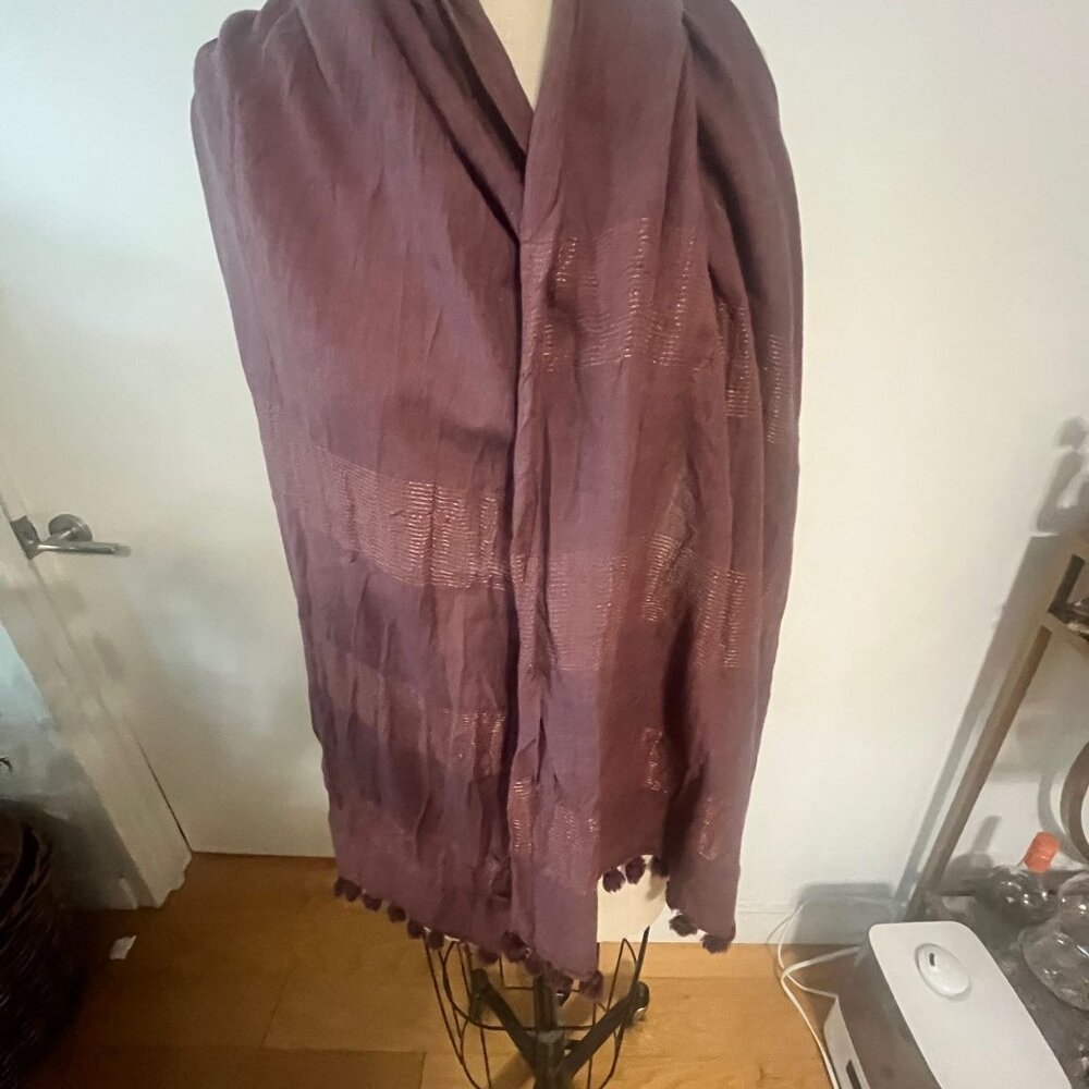 EILEEN FISHER  Wool Tassel‎ Striped Scarf in Plum